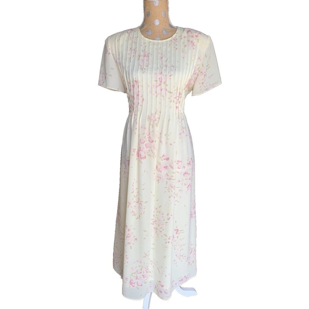 Vintage 90s Floral Pintuck Midi Prairie Dress Yellow 12P Runs Like Small Cottage